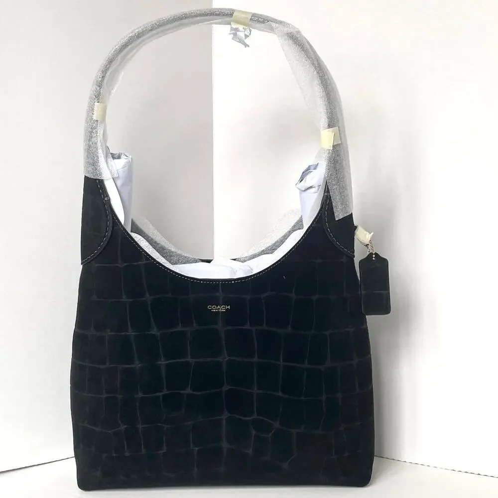 Coach Brooklyn 28 Black Croc-Embossed Suede Hobo Bag
